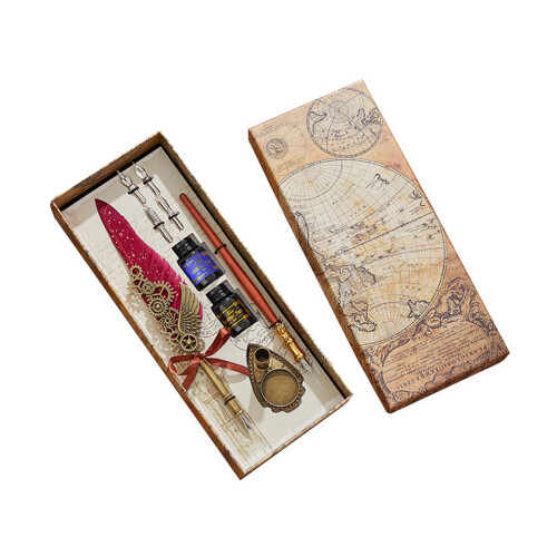 Feather Calligraphy Pen Set for Writing Lovers Birthday Gift Replaceable Nibs- Wine red