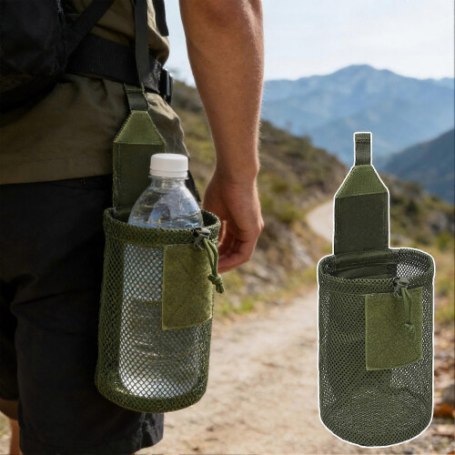 (Black) Tactical Foldable Water Bottle Pouch Lightweight Mesh with Drawstring 1