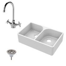Traditional Fireclay Kitchen Bundle: Double Bowl Full Weir Butler Kitchen Sink, Mono Mixer Tap & Waste - 795mm