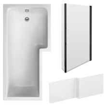 L Shape 1700x850 Shower Bath Set - Front Panel & Black Fixed Return Screen, Right Hand