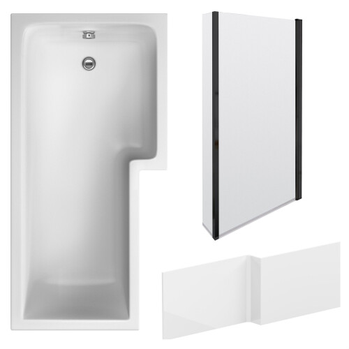 Balterley L Shape 1700x850 Shower Bath Set - Front Panel & Black Fixed Return Screen, Right Hand