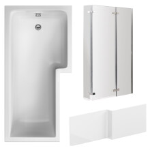 L Shape 1700x850 Shower Bath Set - Front Panel & Chrome 3 Panel Center Hinge Screen, Right Hand