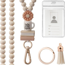 Badge Card Holder and Beaded Lanyard Set Wood Beads Neck Strap with Books coffee flower