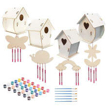4-Pack Vogelhuisjes 4-Pack Windgongsets Houten Knutselen voor Kinderen Om Te Bouwen en Te Schilderen voor Kinderen, Meisjes