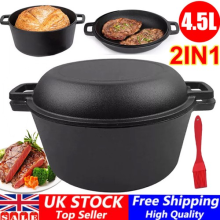 4.5L Double Dutch Oven 2 in 1 Seasoned Cast Iron Combo Stew Fry Lid Pan Stockpot
