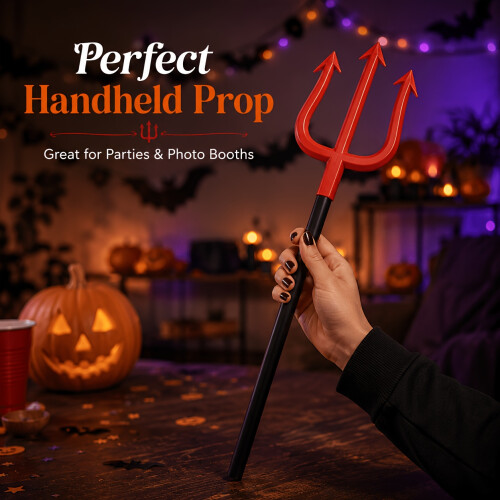Red Devil Pitchfork Prop, Plastic Devil Trident Halloween Costume Accessory |Spooky Cosplay Photo Booth Decoration, Trick Or