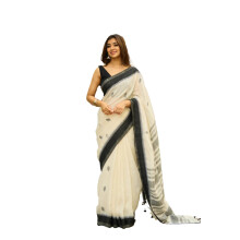 Pujia Mills Women'S Soft Linen Slab Sarees With Jaquard Work (Unstitched Blouse Piece Off White And Black)