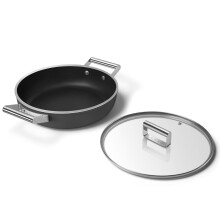 Smeg 50’s Style Non-Stick Deep Pan, Suitable for All Cooktops, Oven Proof, Tempered Glass Lid, Made in Italy, 28cm, Matte Black, DPF2812BLM