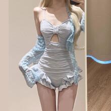 Women Tummy Control Swimsuit Ruffle Monokini with Beach Coverup Crop Top Blue XL