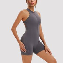 Front Zippered Sport Gym Bodysuit Sleeveless Yoga Rompers Backless Chestnut color M