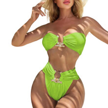 Split Bathing Suit Modern High Waist Beachwear Eye Catching Metal Accessories Green L