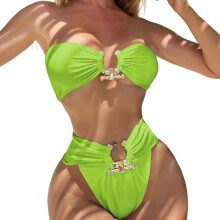1 Set High Waist Beachwear Split Swimsuit with Metal Accessories for Summer Red L
