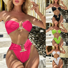 High Waist Swimwear Set Comfortable 2pcs Bathing Suit with Metallic Accessories Green S