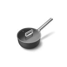 Smeg 50’s Style Non-Stick Saucepan, Suitable for All Cooktops, Oven Proof, Tempered Glass Lid, Made in Italy, 20cm, Matte Black, SPF2012BLM