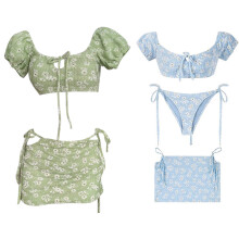 Flower Print Women Swimsuit with Bathing Suit Coverup One Shoulder Swimsuit Blue L