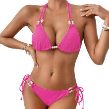 Women 2Pcs Lacing up Swimming Suit Beachwear Solid Strappy Swimwear Thong Set De ep Blue M