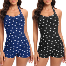 Retro 1950s Halterneck Swimsuit Women’s High Waist Shaping Monokini Blue polka dots XXL