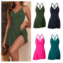 Women Push Up V Neck Skirted Swimwears with Briefs Push Up Swimdress Army Green XXL