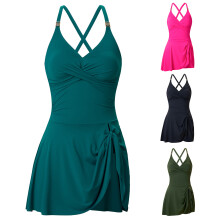 Women Piece Bathing Suit Push Up V Neck Swimdress Swimwears With Briefs Rose pink XL