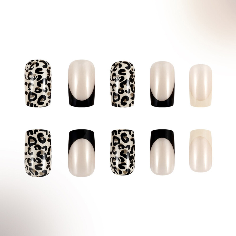 Press On Nail Short Square French Tip Leopard False Nail for Parties 24Pcs
