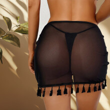 Women Fringe Beach Wrap Skirt Ruched Sheer Swimwears Coverup Skirt with Tassels Black XL