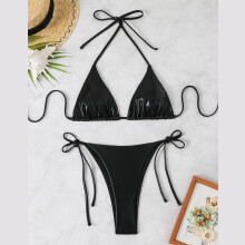 Women Metallic Triangular Thong Swimsuit Set Ladies Halterneck Thong Swimwears Gold XL