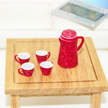 5Pieces Dollhouses Decorative Miniature Kettle and Cups for Project Displaying Red