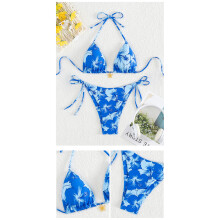 Women Two Pcs Split Swimwear High Cut Swimsuit Flower Print Bathing Suit Dark blue1 L