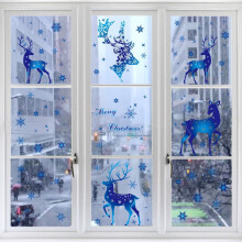 Autocollants décoratifs statiques pour vitres de Noël - Flocons de neige bleus et rennes