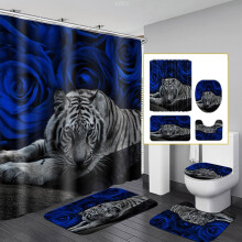 Blue Rose Tiger Shower Curtain Set with Rug, Toilet Cover & Bath Mat, Soft Animal Design with Hooks, Romc Flower Bathroom Accessories