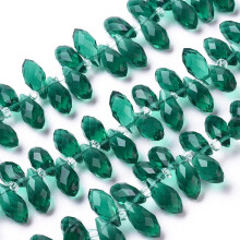 1 rang de perles en cristal de verre, perles percées sur le dessus, facettées, en forme de larme, bleu sarcelle, 13 x 6 mm