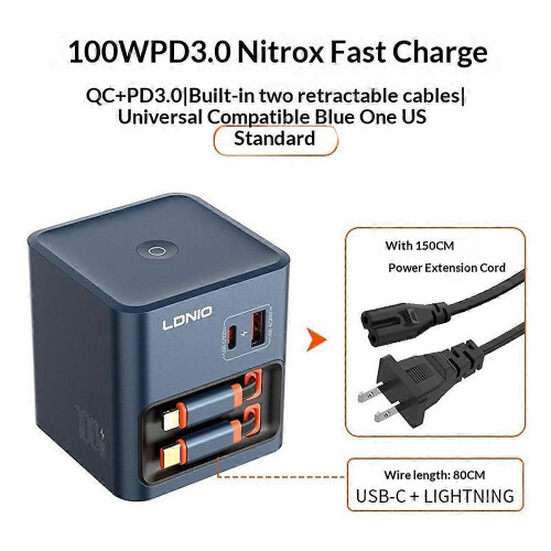 Φορτιστής γραφείου LDNIO Q16 100W GaN, 4 θύρες USB-C, με ανασυρόμενο καλώδιο, στ 1