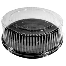 16" runde svarte plastbrett med klare kuppellokk - Engangs stablebare serveringsfat for fester, arrangementer, buffé (5 sett)