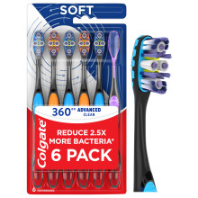 Colgate 360 Advanced Clean Mjuk Tandborste Pack, 6 Mjuka Tandborstar med Kind- och Tungskrapa