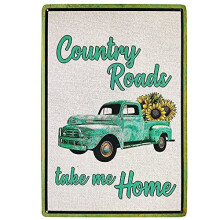 Vintage metalen bord met de tekst "Country Roads Take Me Home" (Landweggetjes brengen me naar huis) met een grappige groene vrachtwagen en