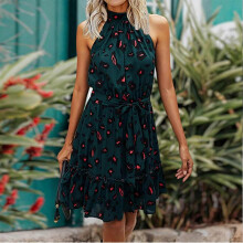 (L, Apricot print) Women Summer Neck Halter Dress Floral Print Sleeveless Sundress Lace-up Off Shoulder Dress Waist Tied Dress for Girl White XL