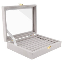 Boite de rangement en velours et verre d'affichage pour Bague Boucle D'oreille Bijoux Porte-plateau Boitier de rangement, Gris