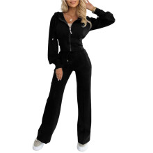 Dames Herfst/Winter Hoodie met Rits, Slim Fit, Effen Kleur, Tweedelig Set, Casual Outfit Zwart XXL