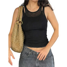 Dames Imitatie 2-Delige Tanktop met Vierkante Hals, Zomerse Racerback Workout Top, Gebreid, Slim Fit Basic 2026 Zwart L