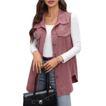 Dames Kraag Dubbele Zak Knoop Voorkant Mid-Lengte Corduroy Mouwloze Vest Grijsroze L