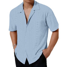 Herenmode: Casual Overhemd met Opengewerkte Knopen, Lange Mouwen, Stijlvol, Ademend, Zomertop, Streetwear Lichtblauw L