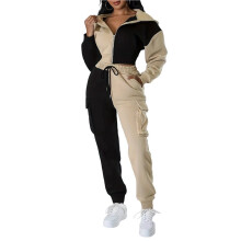 Dames Color Block 2-Delige Set: Cropped Jasje met Capuchon en Rits en High Waist Cargo Joggingbroek Kaki XXL