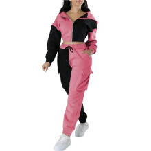 Dames Color Block 2-Delige Set: Cropped Jasje met Capuchon en Rits en Cargo Joggingbroek met Hoge Taille Dieproze XXL