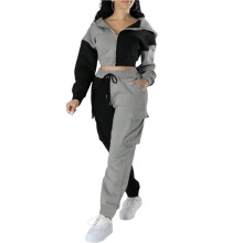 Dames Color Block 2-Delige Set: Cropped Jasje met Capuchon en Rits en Cargo Joggingbroek met Hoge Taille Grijs XL