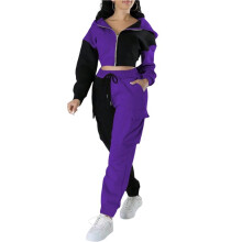 Dames Color Block 2-Delige Set: Cropped Jasje met Capuchon en Rits en Cargo Joggingbroek met Hoge Taille Paars XXL