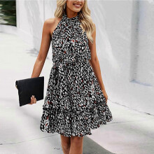 (S, green polka dots) Women Summer Neck Halter Dress Floral Print Sleeveless Sundress Lace-up Off Shoulder Dress Waist Tied Dress for Girl White XL