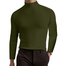 T-Shirt met Col en Lange Mouwen voor Heren, Comfortabel, Effen Kleur, Casual Basiskleding Legergroen M