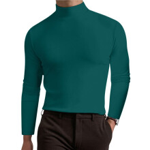 T-Shirt met Col en Lange Mouwen voor Heren, Comfortabel, Effen Kleur, Casual Basiskleding Donkergroen XL