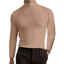 T-Shirt met Col en Lange Mouwen voor Heren, Comfortabel, Effen Kleur, Casual Basiskleding Licht Kaki S