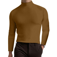 T-Shirt met Col en Lange Mouwen voor Heren, Comfortabel, Effen Kleur, Casual Basiskleding Donker Kaki S